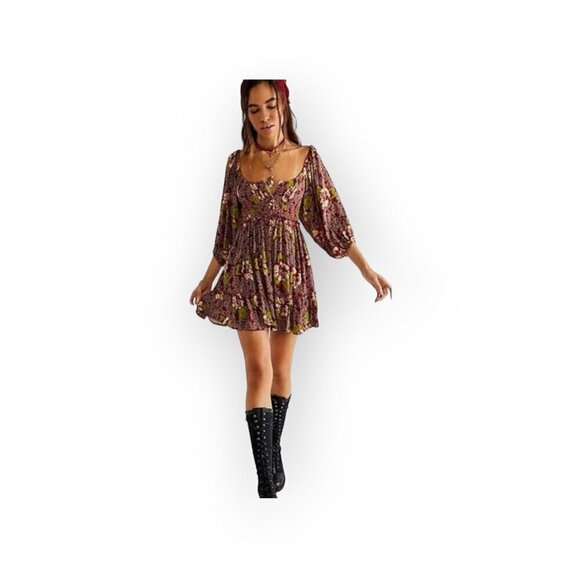 Free People l/s Summer Printed Dress Brown Floral XS - Picture 2 of 15